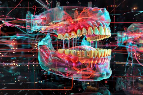 3D визуализация на човешка челюст с ярки цветове и графични елементи.
