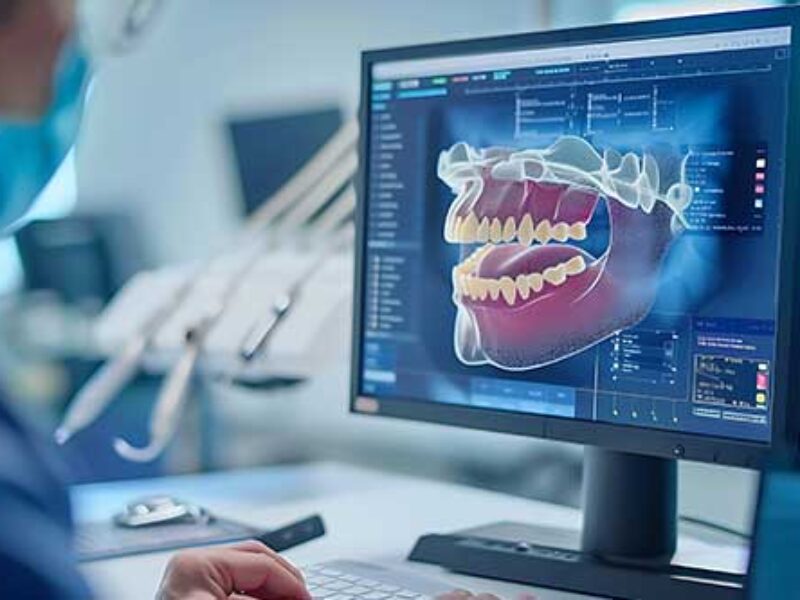 Компютърен екран показващ 3D модел на зъбна структура с детайлна информация.