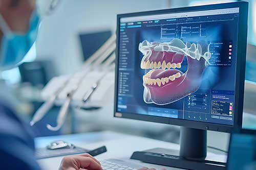 Компютърен екран показващ 3D модел на зъбна структура с детайлна информация.